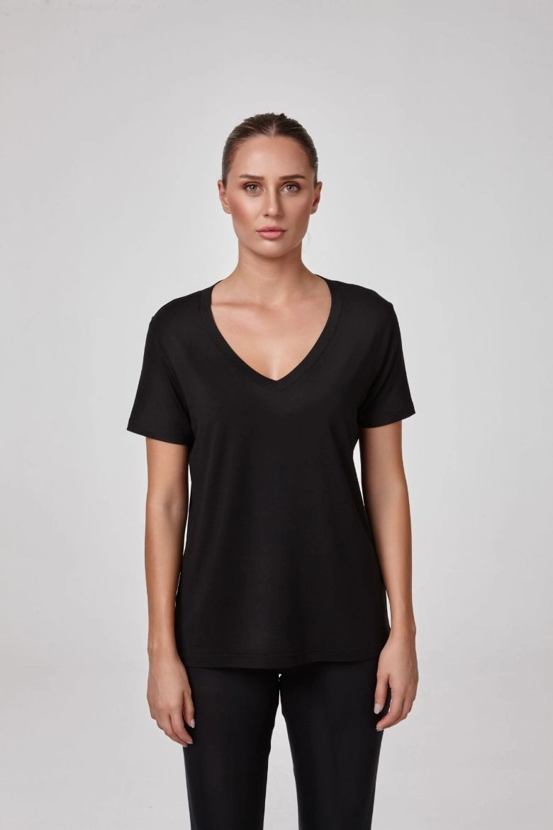 Relactive Kadın Kısa Kollu V Yaka T-Shirt-Si̇yah