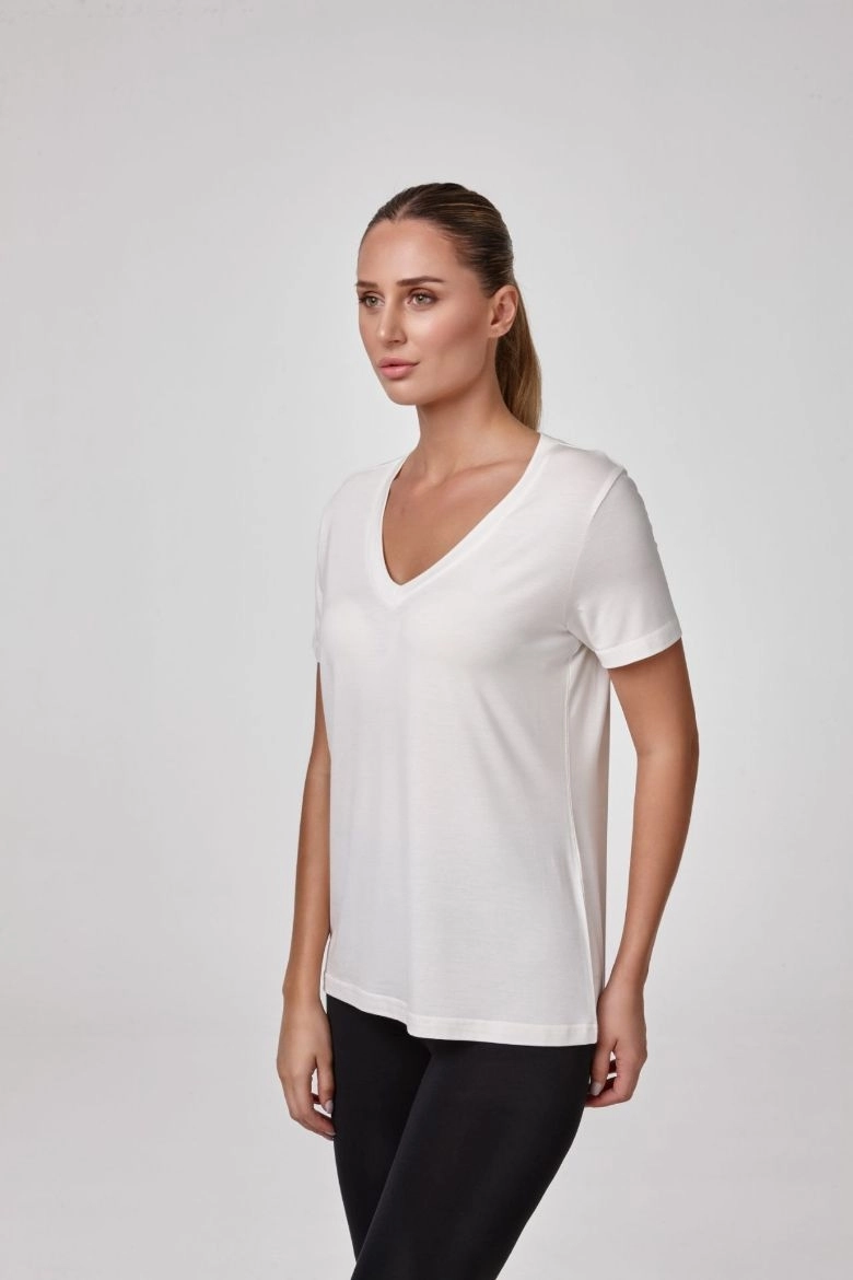 Relactive Kadın Kısa Kollu V Yaka T-Shirt-Ekru