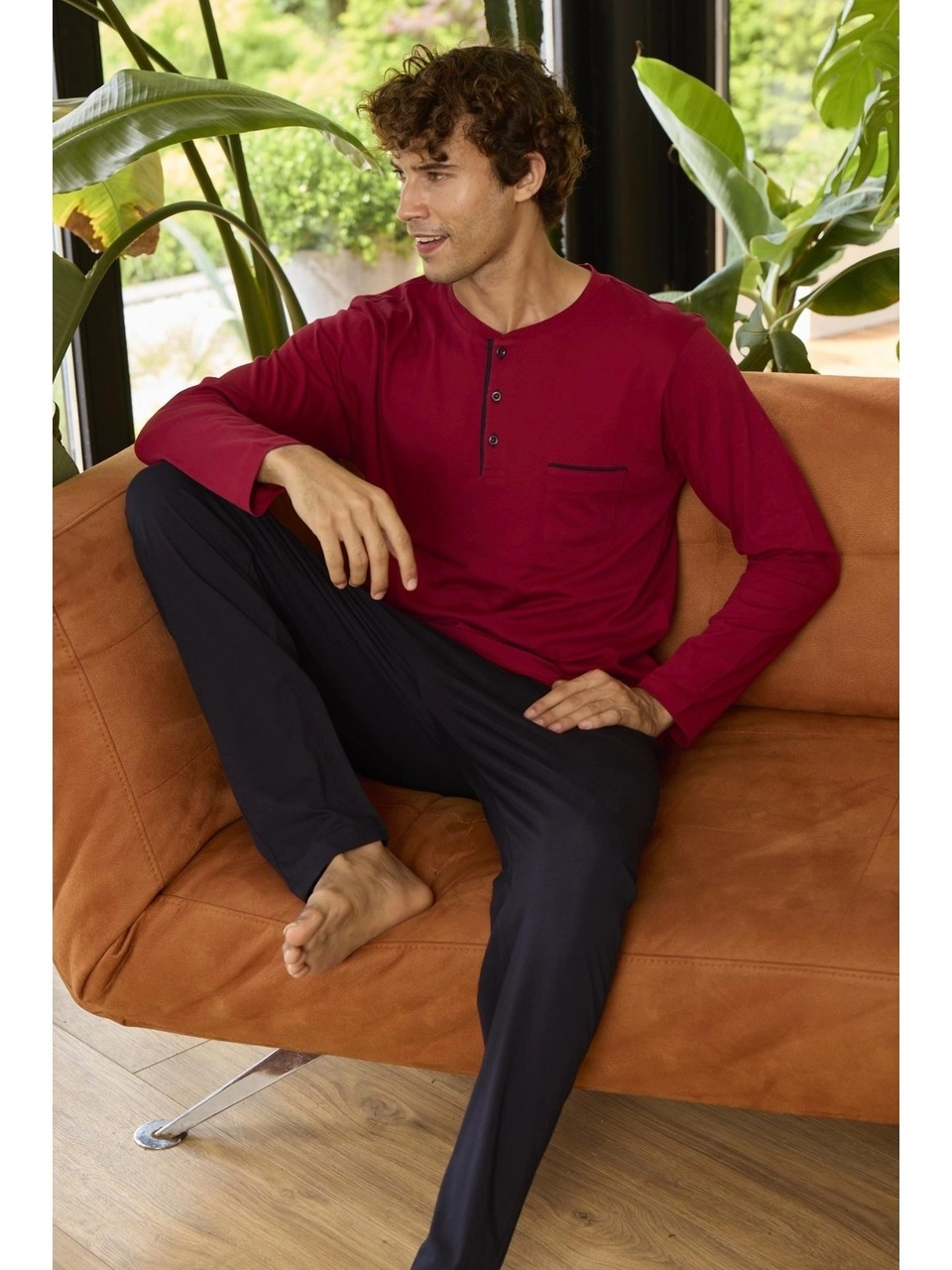 Kly 9250 Pamuklu Uzun Kollu Patlı Erkek Pijama Takımı-Mürdüm
