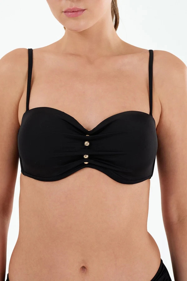 B21190 Straplez Boş Kap Boncuklu Bikini Takım-Siyah