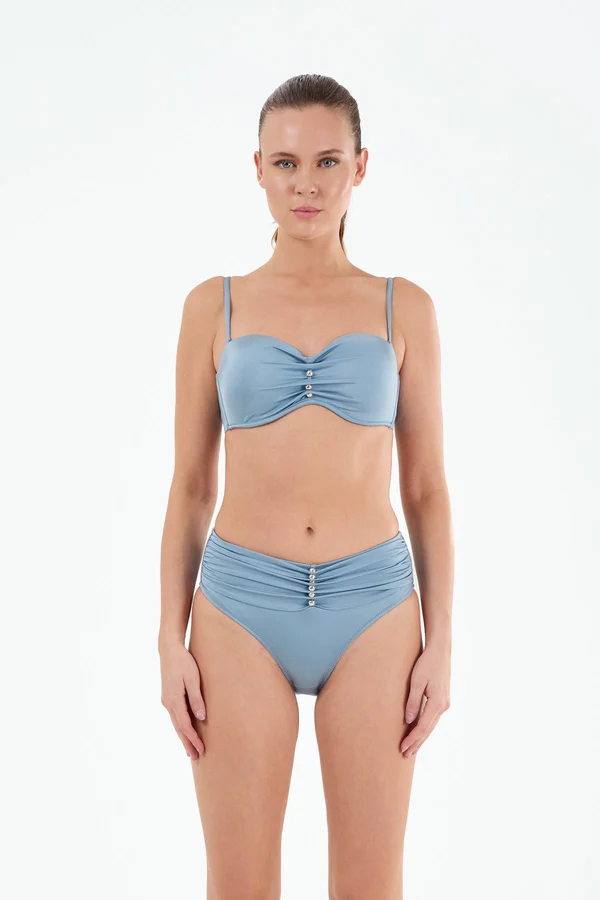 B21190 Straplez Boş Kap Boncuklu Bikini Takım-Mavi