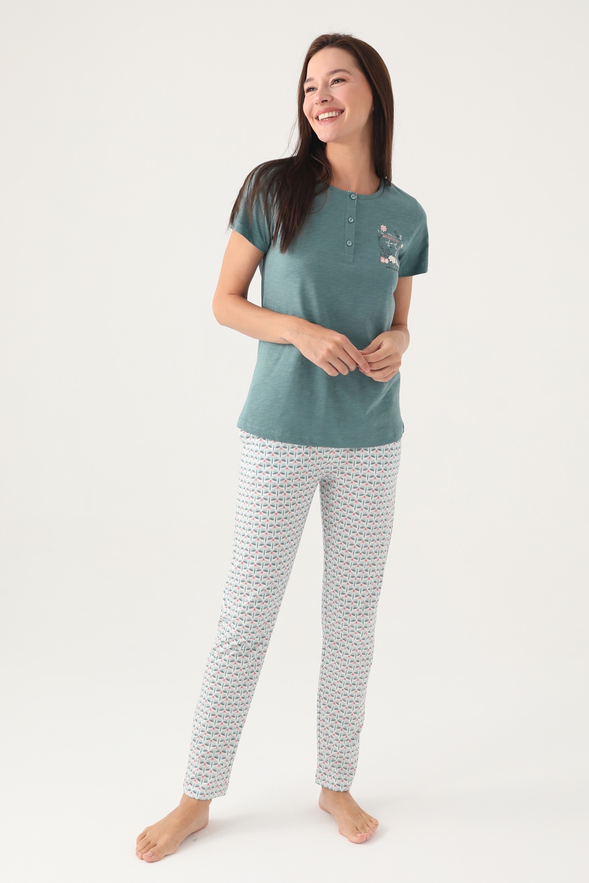 Arnetta 2882 Pamuklu Kısa Kollu Patlı Battal Kadın Pijama Takımı-Yeşi̇l