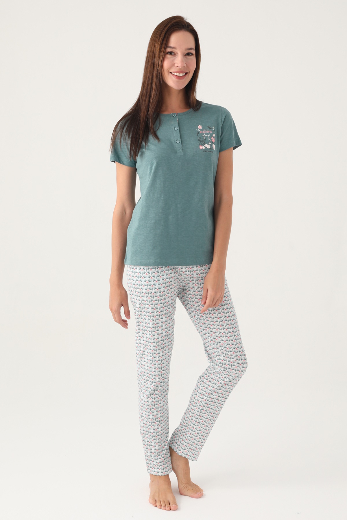 Arnetta 2882 Pamuklu Kısa Kollu Patlı Battal Kadın Pijama Takımı-Yeşi̇l