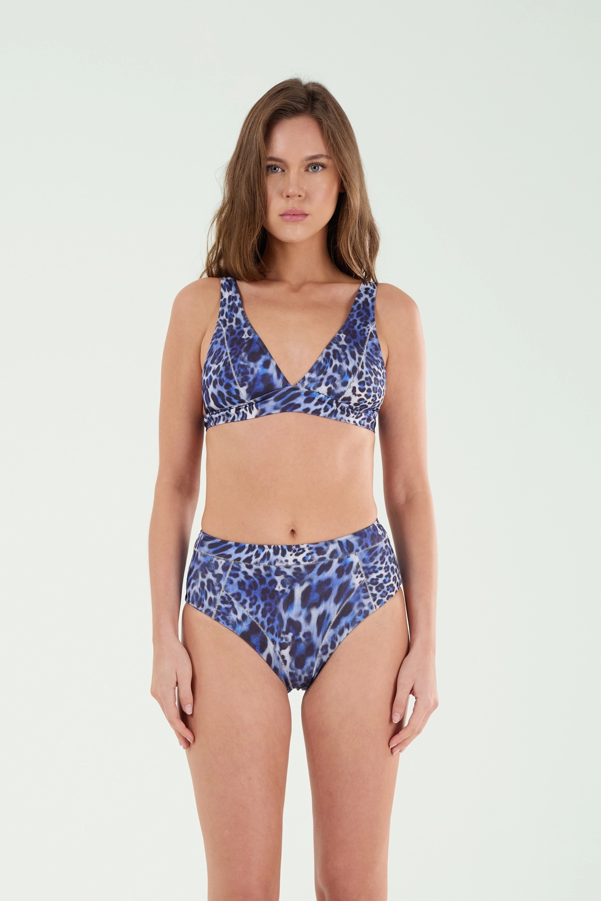 B21020 SABİT ÜÇGEN LEOPAR BİKİNİ TAKIM-Mavi