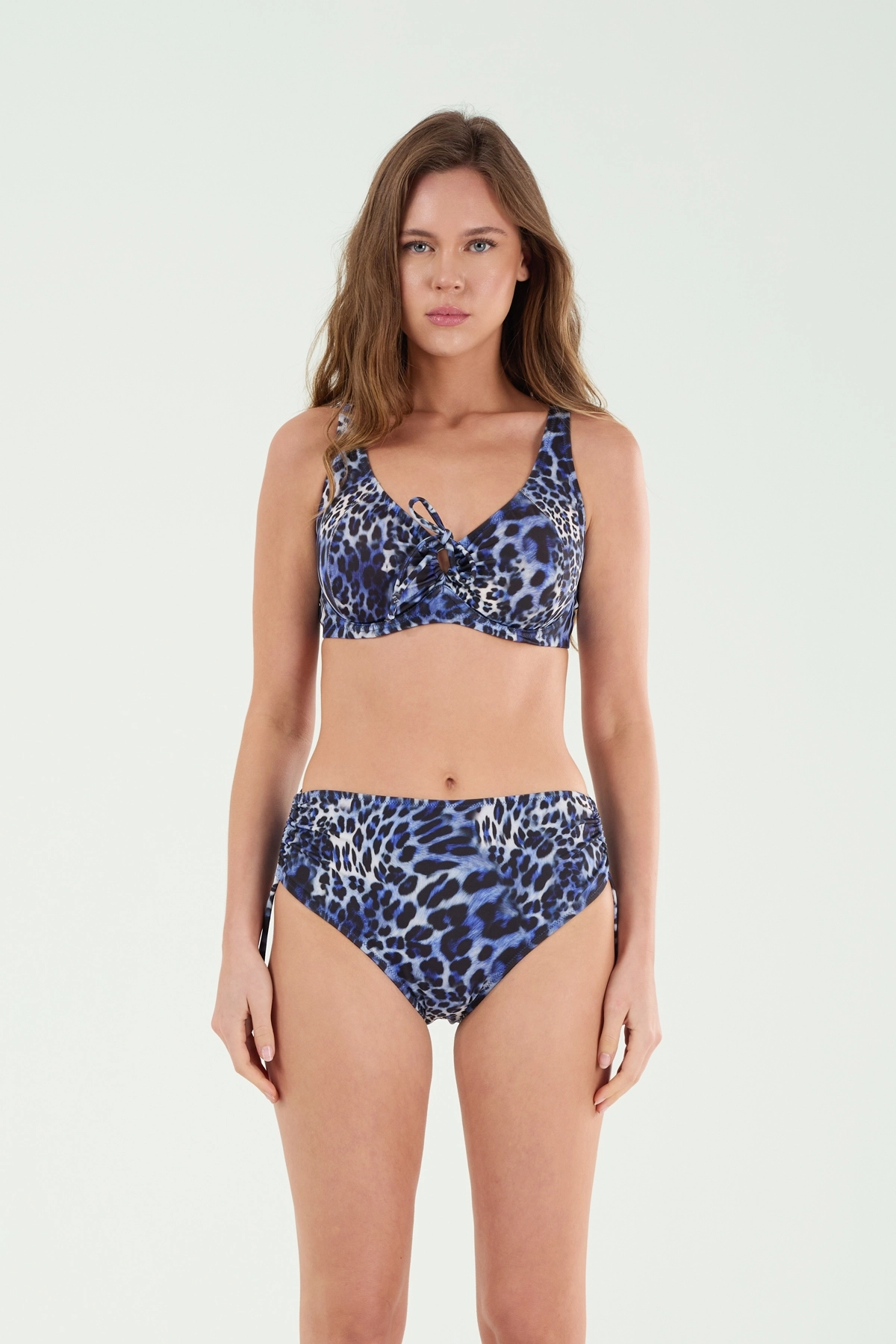 B21023 BALENLİ TOPARLAYICI LEOPAR BİKİNİ TAKIM-Mavi