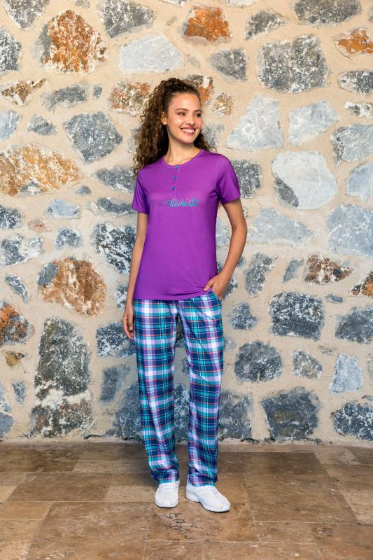 Dorenase 4008 Mor Ekoseli Modal Kısa Kollu Kadın Pijama Takımı