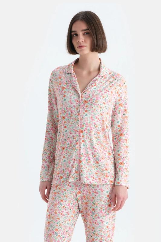 Eros 33518 Pamuklu Gömlek Yaka Önden Düğmeli Uzun Kollu Kadın Pijama Takımı