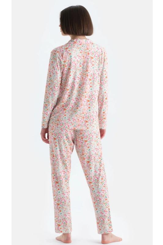 Eros 33518 Pamuklu Gömlek Yaka Önden Düğmeli Uzun Kollu Kadın Pijama Takımı