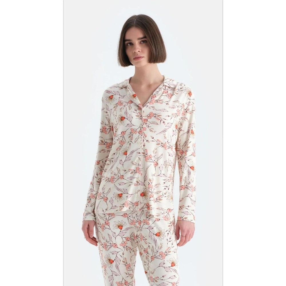 Eros 33526 Pamuklu Gömlek Yaka Önden Düğmeli Desenli Kadın Pijama Takımı