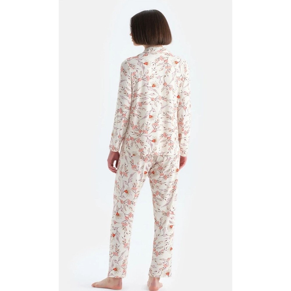 Eros 33526 Pamuklu Gömlek Yaka Önden Düğmeli Desenli Kadın Pijama Takımı