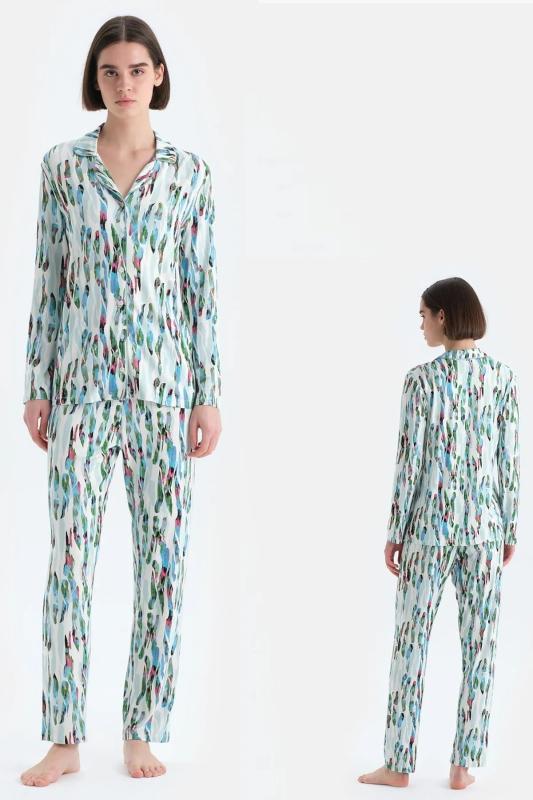 Eros 33588 Pamuklu Gömlek Yaka Önden Düğmeli Uzun Kollu Kadın Pijama Takımı