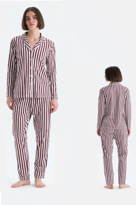 Eros 33600 Pamuklu Gömlek Yaka Önden Düğmeli Çizgili Kadın Pijama Takımı