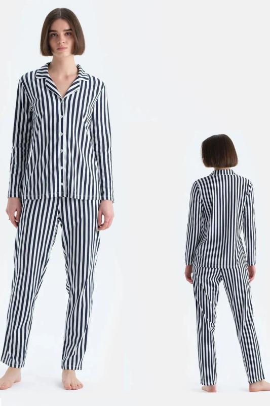 Eros 33600 Pamuklu Gömlek Yaka Önden Düğmeli Çizgili Kadın Pijama Takımı-Laci̇vert