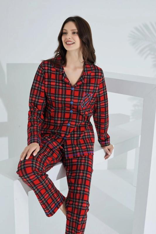 Etoile Kadın Ekose Uzun Kol Pijama Takımı /98224-Kırmızı
