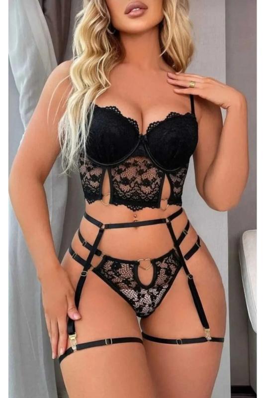 For Dreams 8406 Dantelli Jartiyer Büstiyerli Takım-Si̇yah