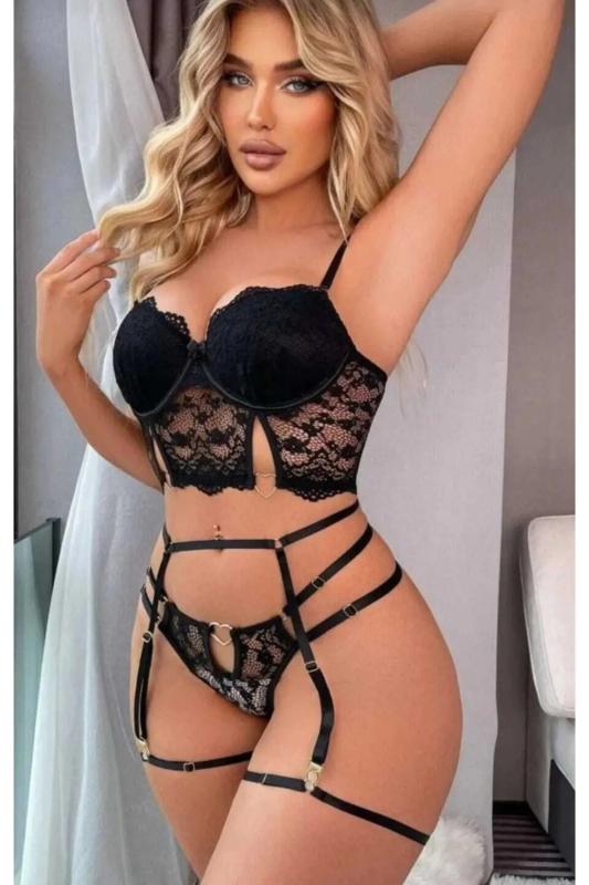 For Dreams 8406 Dantelli Jartiyer Büstiyerli Takım-Si̇yah