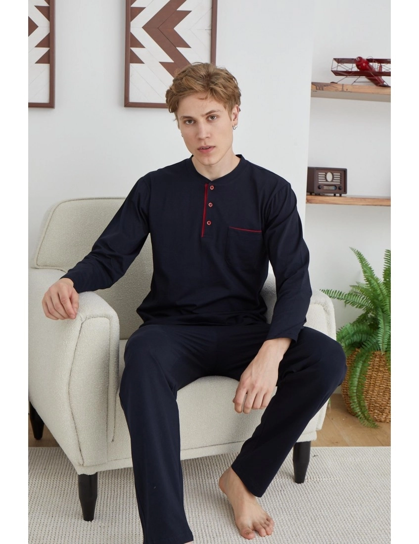 Kly Midi Yaka Battal Erkek Pijama Takımı 9111-Lacivert