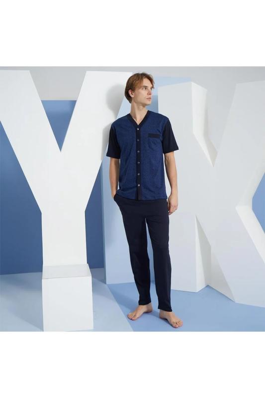 Kly 2097 Pamuklu V Yaka Önden Düğmeli Kısa Kollu Erkek Pijama Takımı