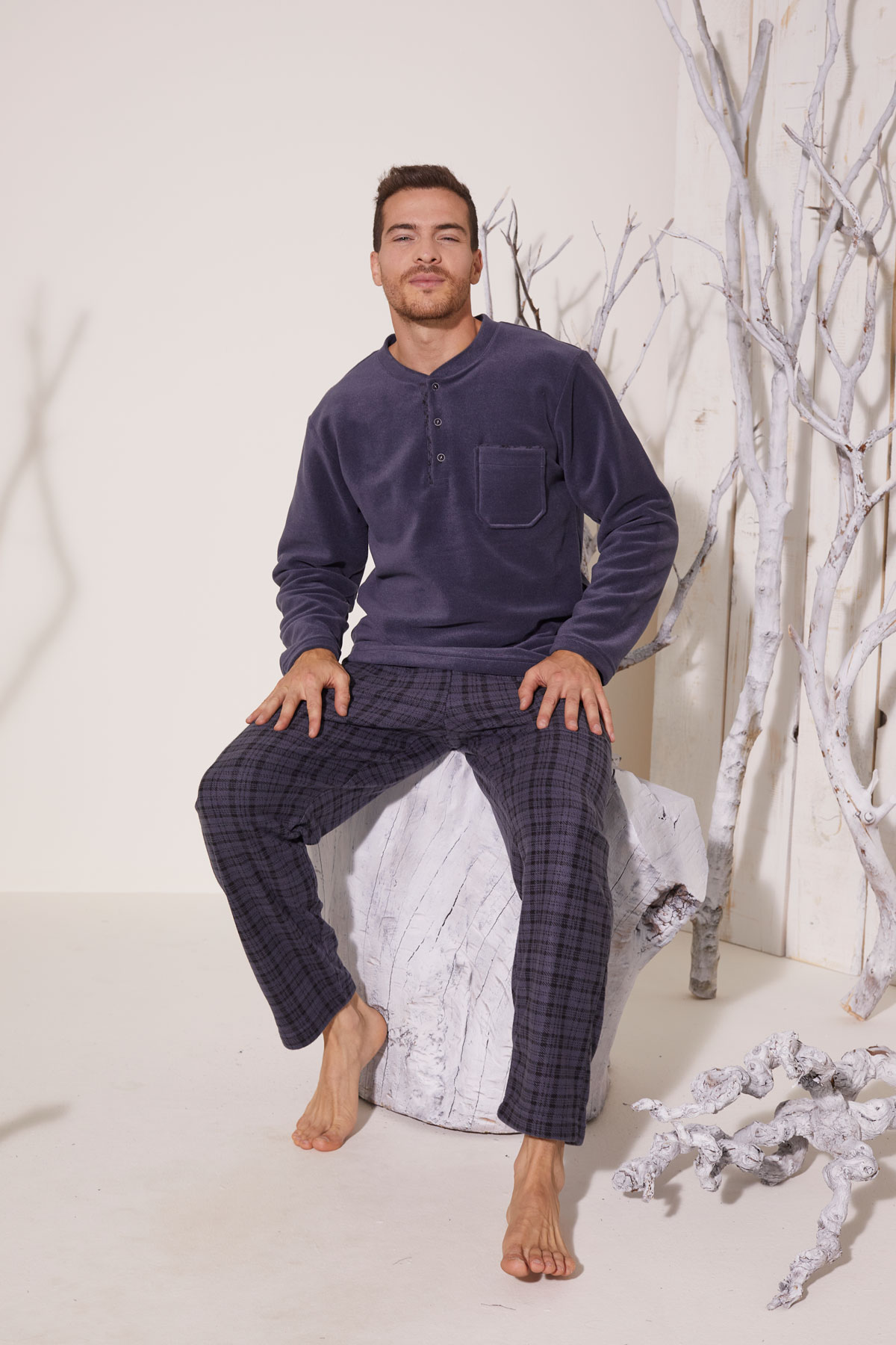 Kly Midi Yaka Polar  Pijama Takımı 7307-Füme