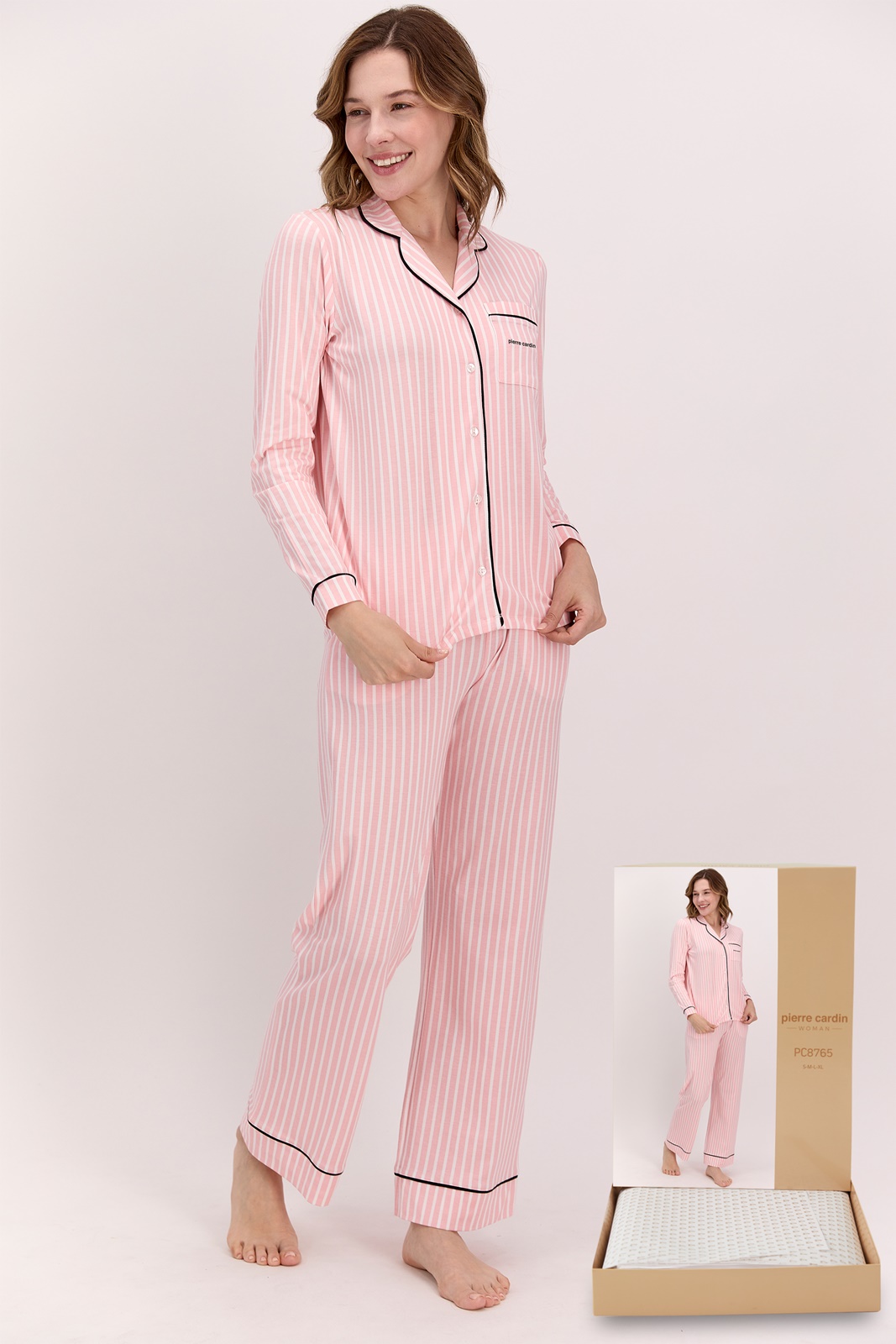 Pierre Cardin 8765 Önden Düğmeli Çizgili Kadın Pijama Takımı