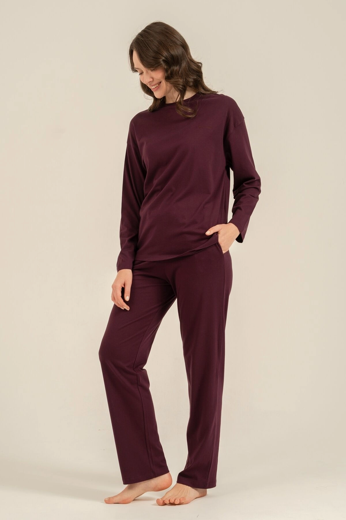 PIERRE CARDIN KADIN UZUN KOLLU PİJAMA TAKIMI-Mürdüm