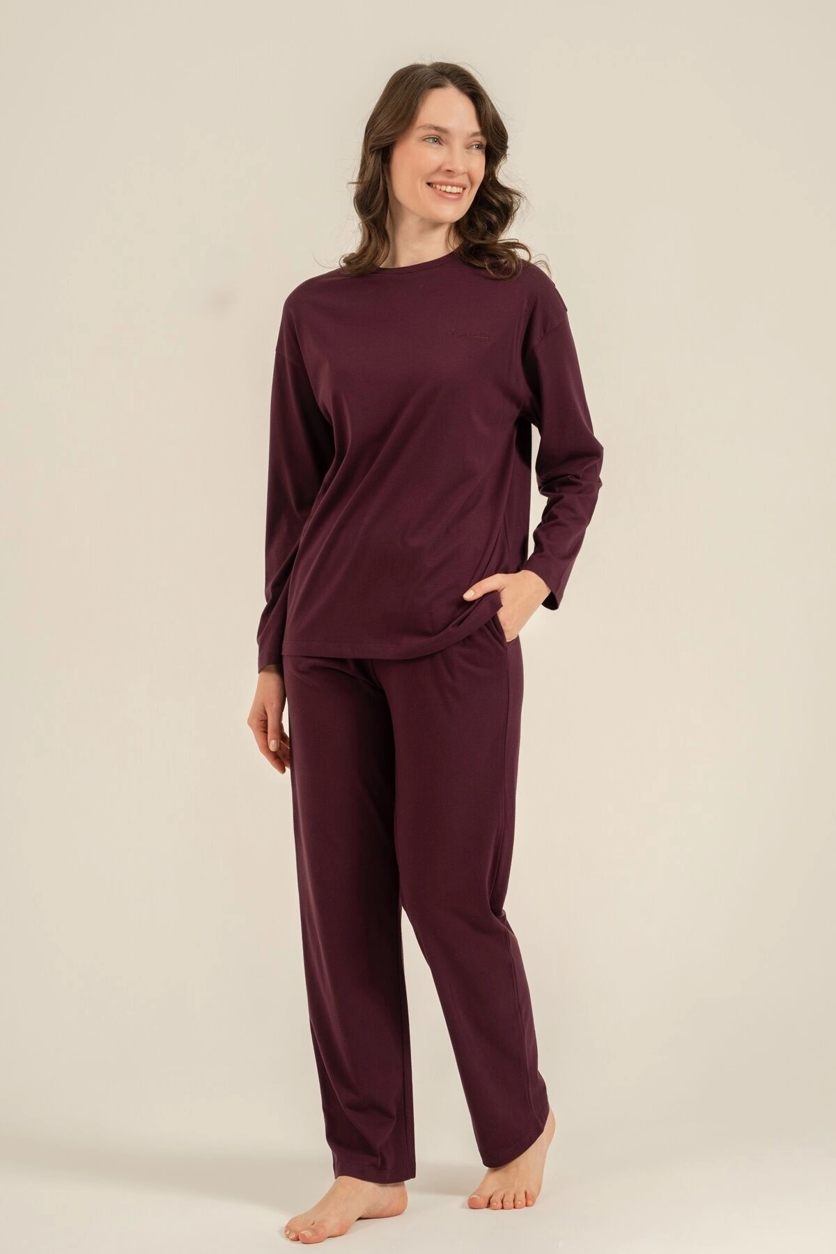 PIERRE CARDIN KADIN UZUN KOLLU PİJAMA TAKIMI-Mürdüm