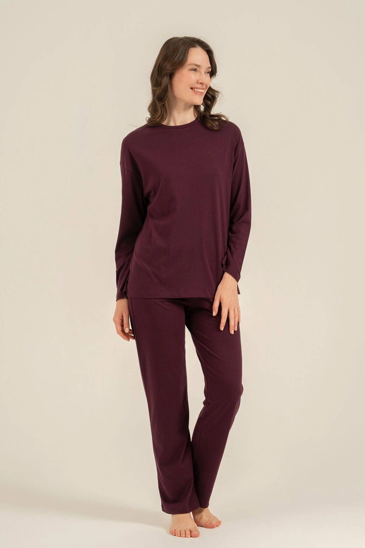PIERRE CARDIN KADIN UZUN KOLLU PİJAMA TAKIMI-Mürdüm