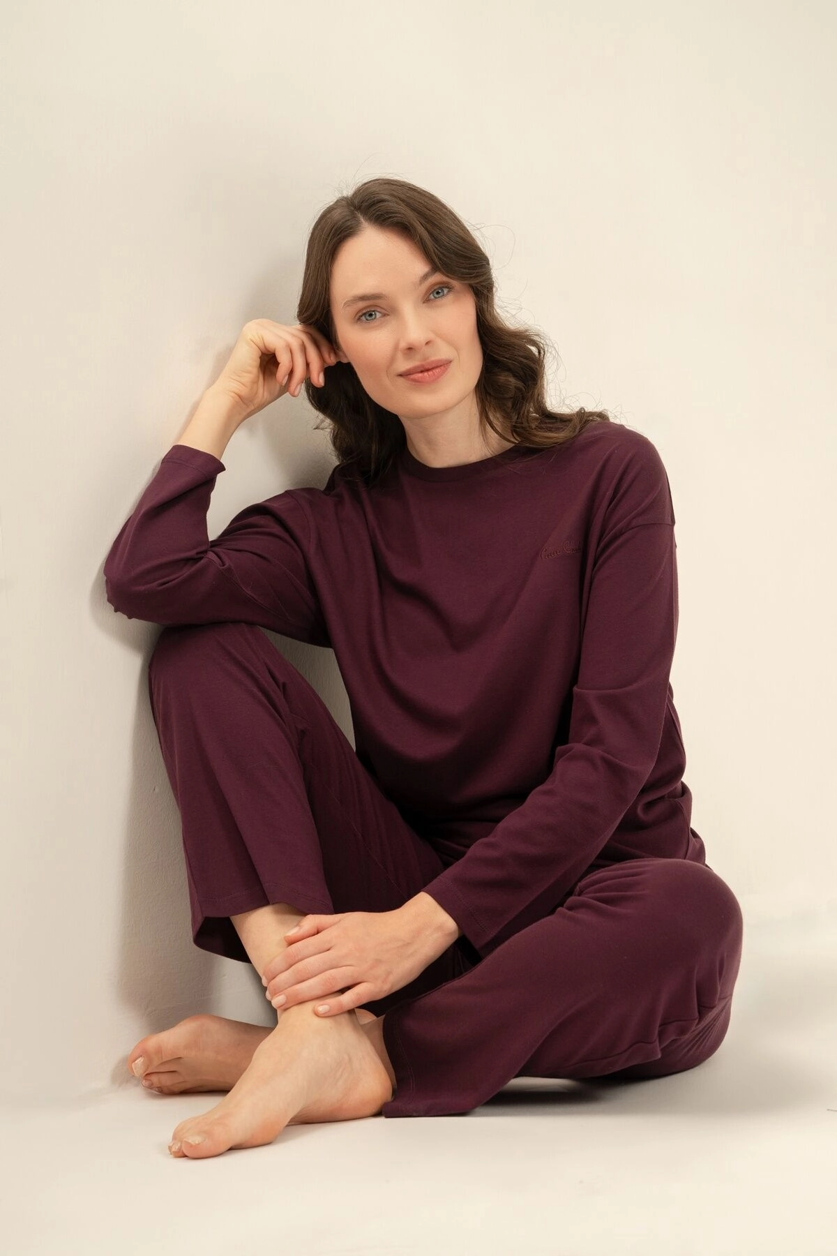PIERRE CARDIN KADIN UZUN KOLLU PİJAMA TAKIMI-Mürdüm
