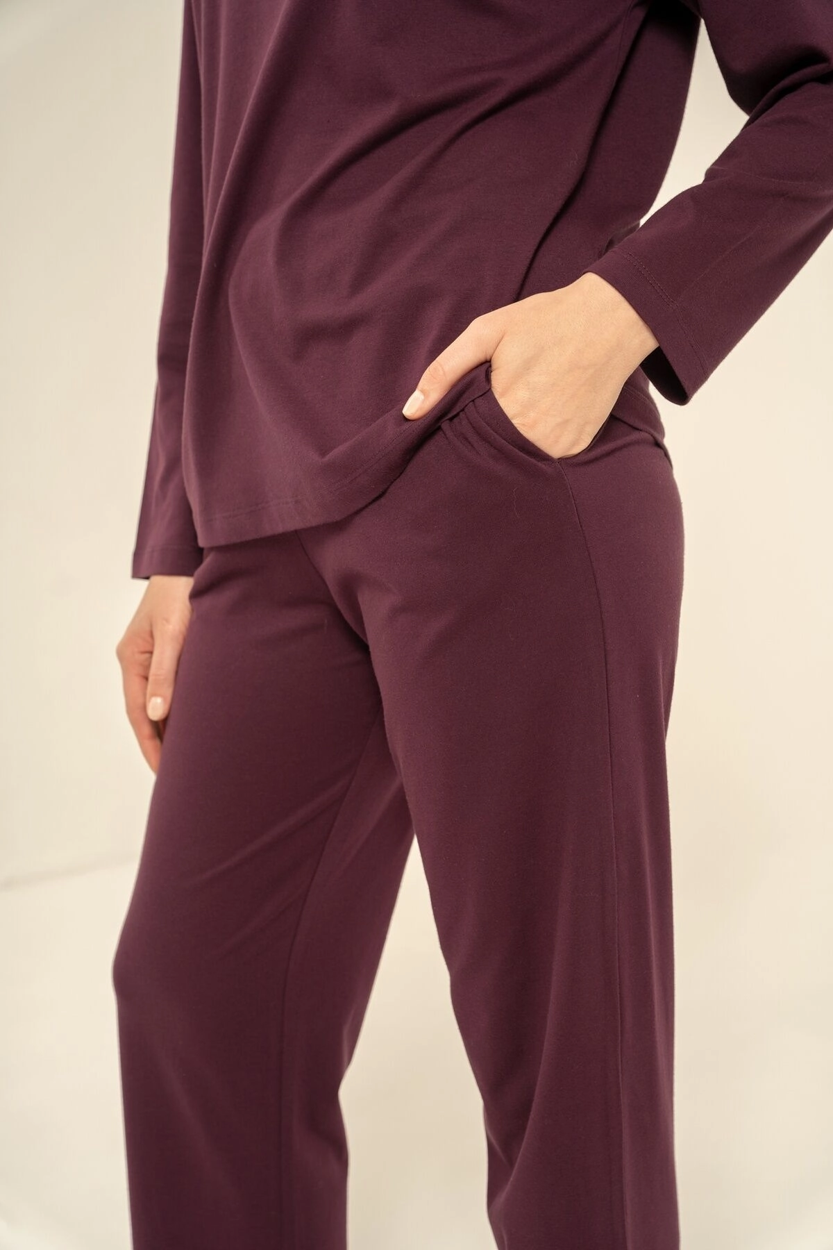 PIERRE CARDIN KADIN UZUN KOLLU PİJAMA TAKIMI-Mürdüm
