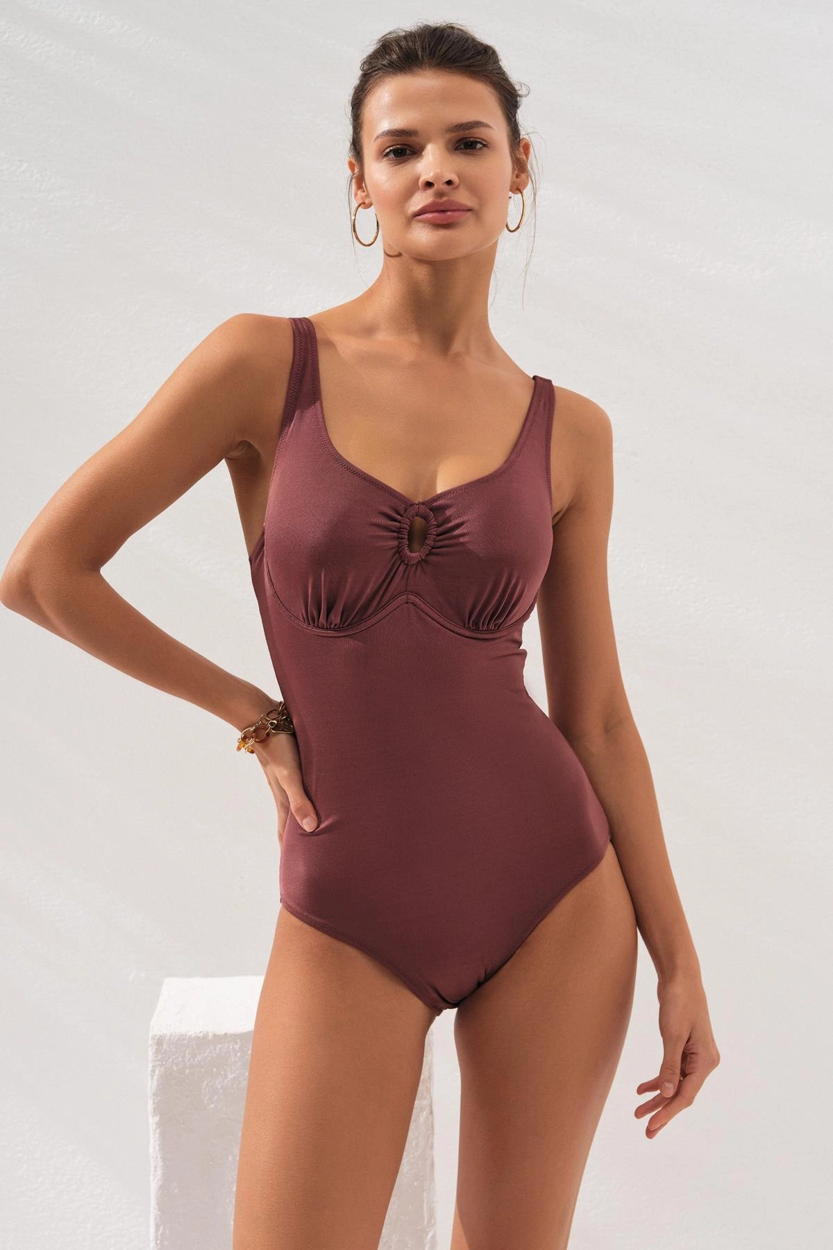 Pierre Cardin Riva Balenli Büyük Beden Mayo-Toffee