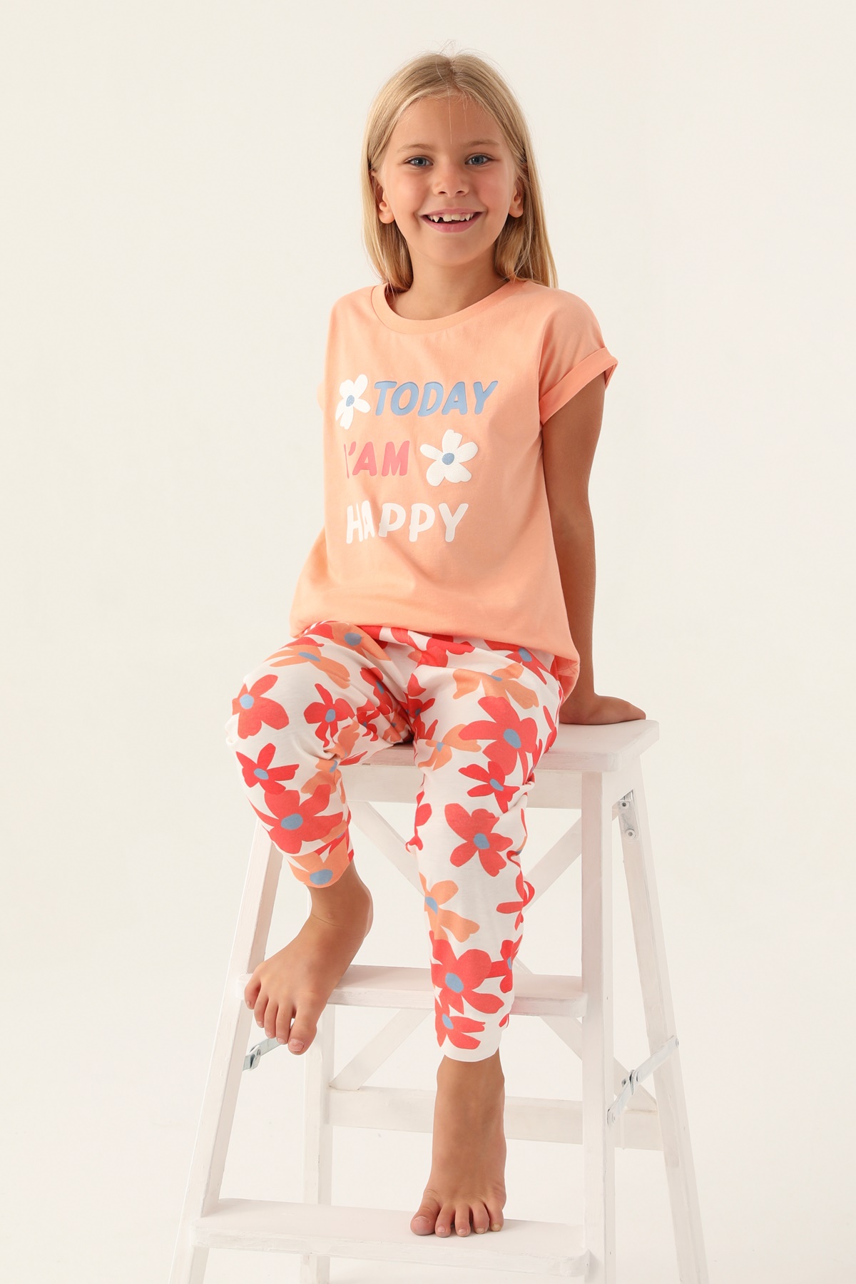Roly Poly 3394 Pamuklu Anne Kız Garson Kısa Kollu Pijama Takımı-Turuncu