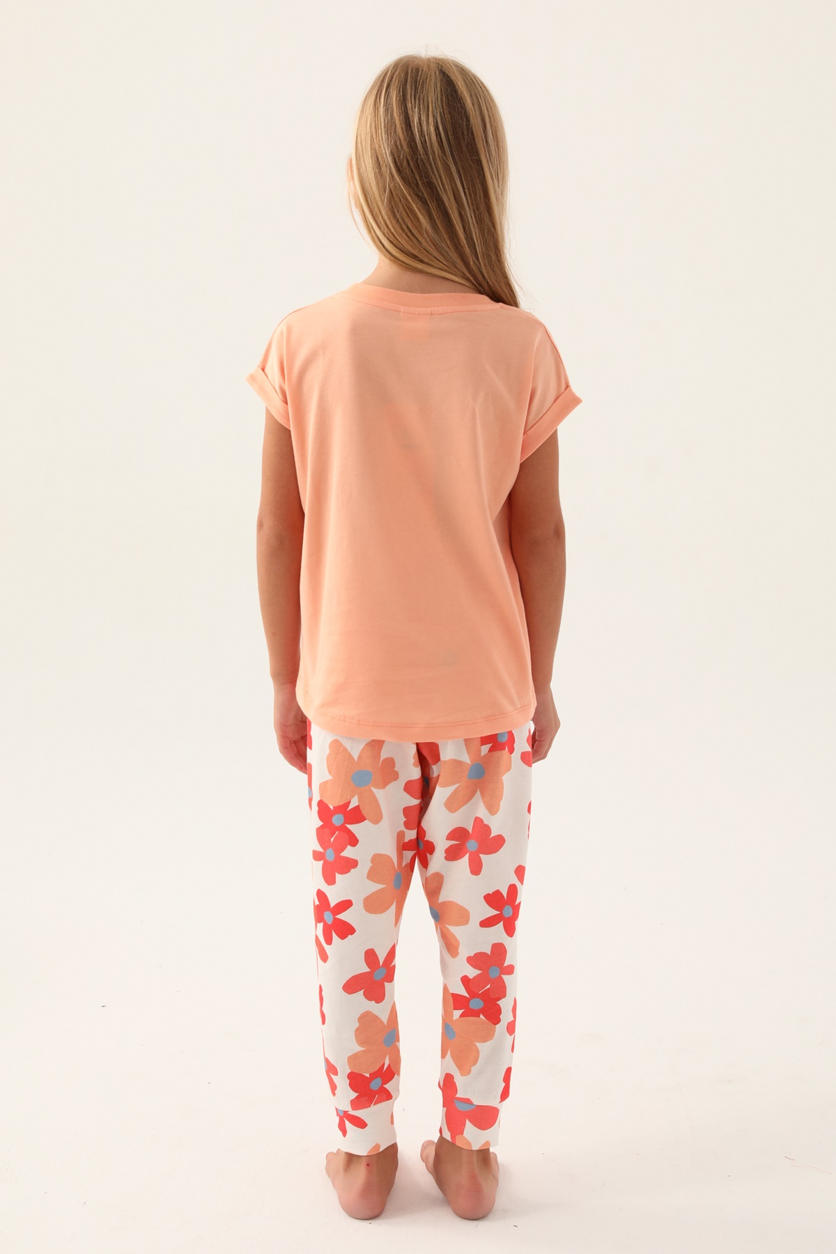Roly Poly 3394 Pamuklu Anne Kız Garson Kısa Kollu Pijama Takımı-Turuncu