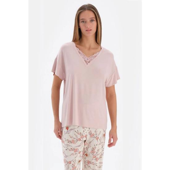 Eros 33520 Pamuklu Dantel V Yaka Kısa Kollu Kadın Pijama Takımı