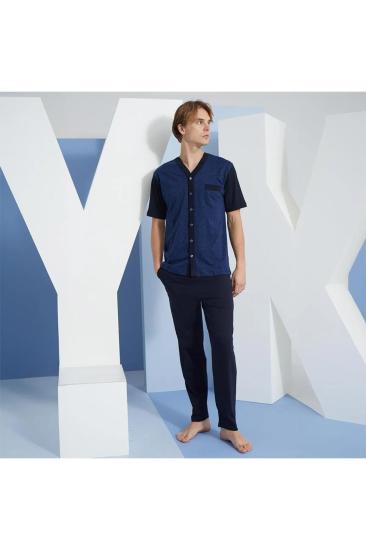 Kly 2097 Pamuklu V Yaka Önden Düğmeli Kısa Kollu Erkek Pijama Takımı