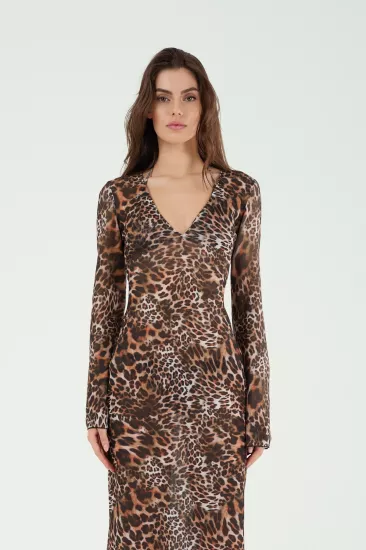 P25007 ÖNÜ V UZUN LEOPAR ELBİSE