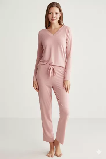 Alin 318 Yumuşak Doku Uzun Kol Kadın Pijama Takımı-Pudra