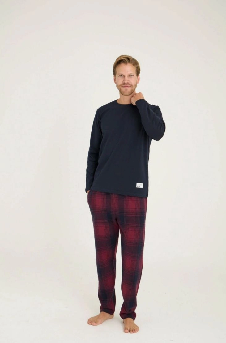 Erkek Uzun Kollu Ekoseli Pijama Takımı-Lacivert